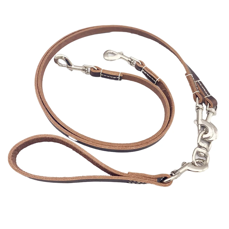 Real Leather Two dogs Leash Detachable Pet Lead Genuine Leather 1 leash for 2 Dogs small Medium large big dog Traction Rope