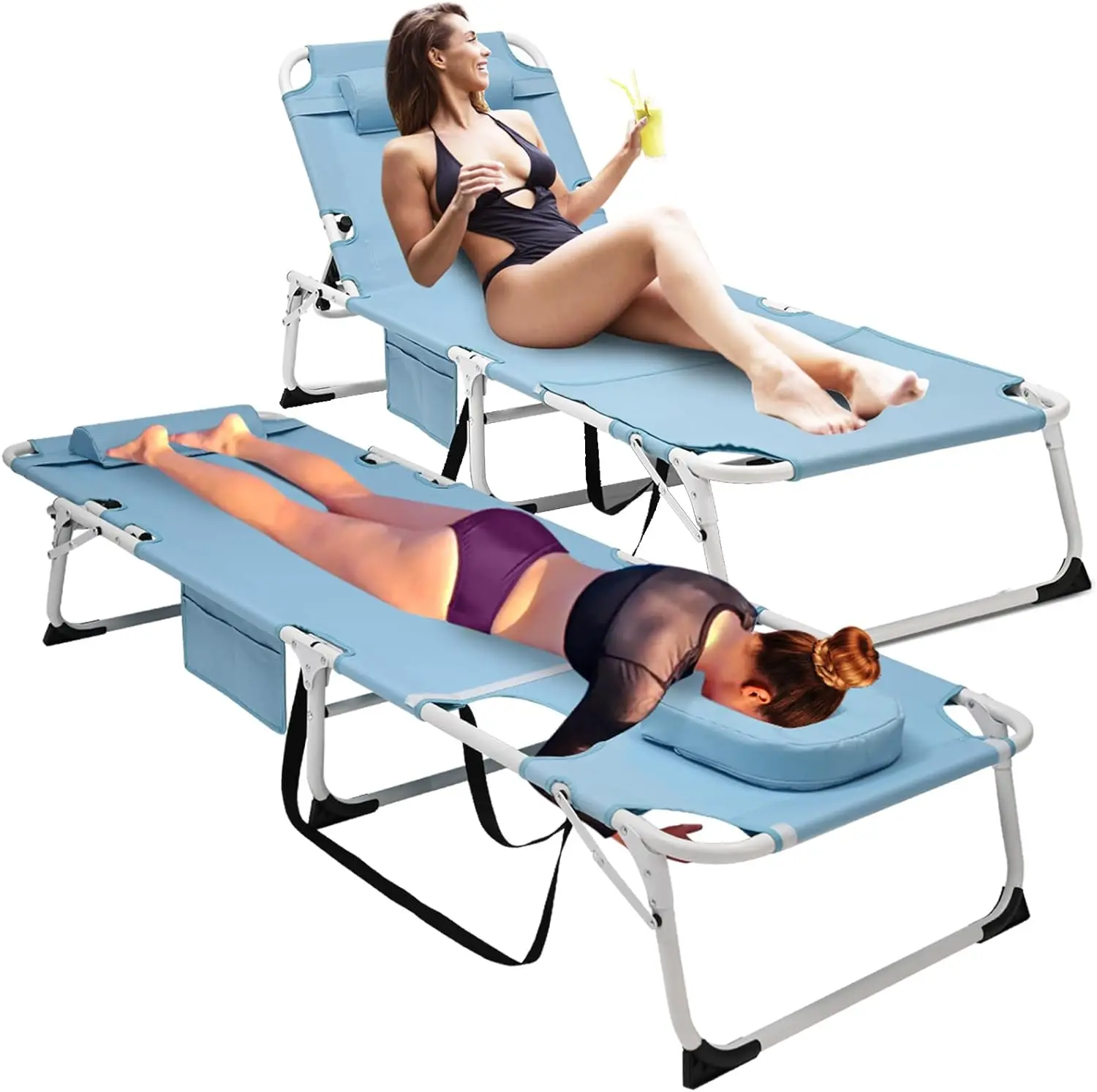 2PACK Tanning Lounge Chairs + Mattress, 3in1 Heavy Duty Summer Sun Chairs with Face Arm Hole, Adjustable, Removable Pillow