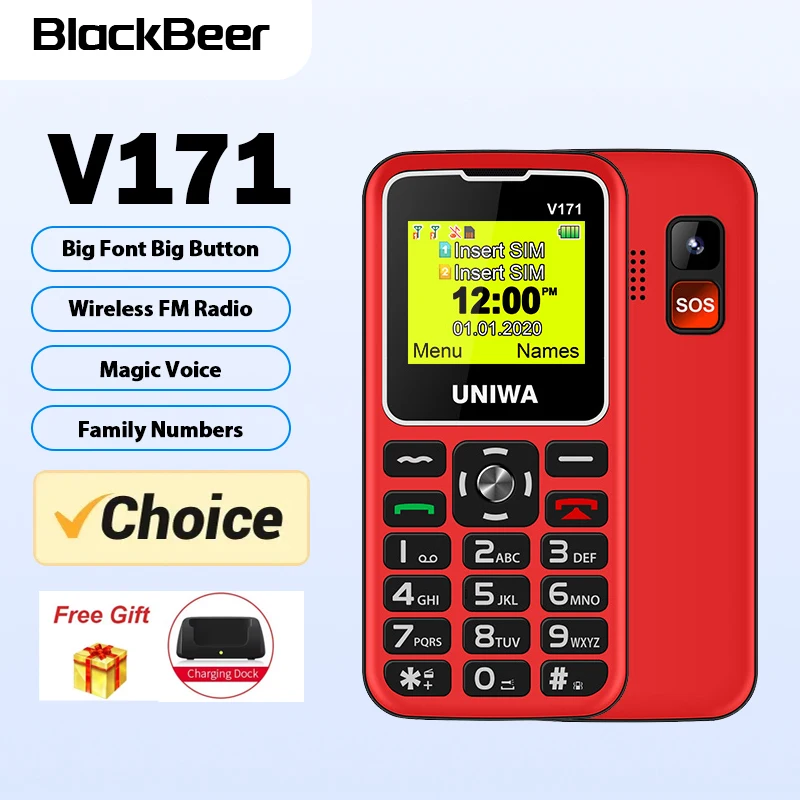 UNIWA V171 2G Feature Phone For Elderly Man 1.77 Inch Wireless FM Senior Mobile Phone 1000mAh Free Charge Dock SOS Cell phone