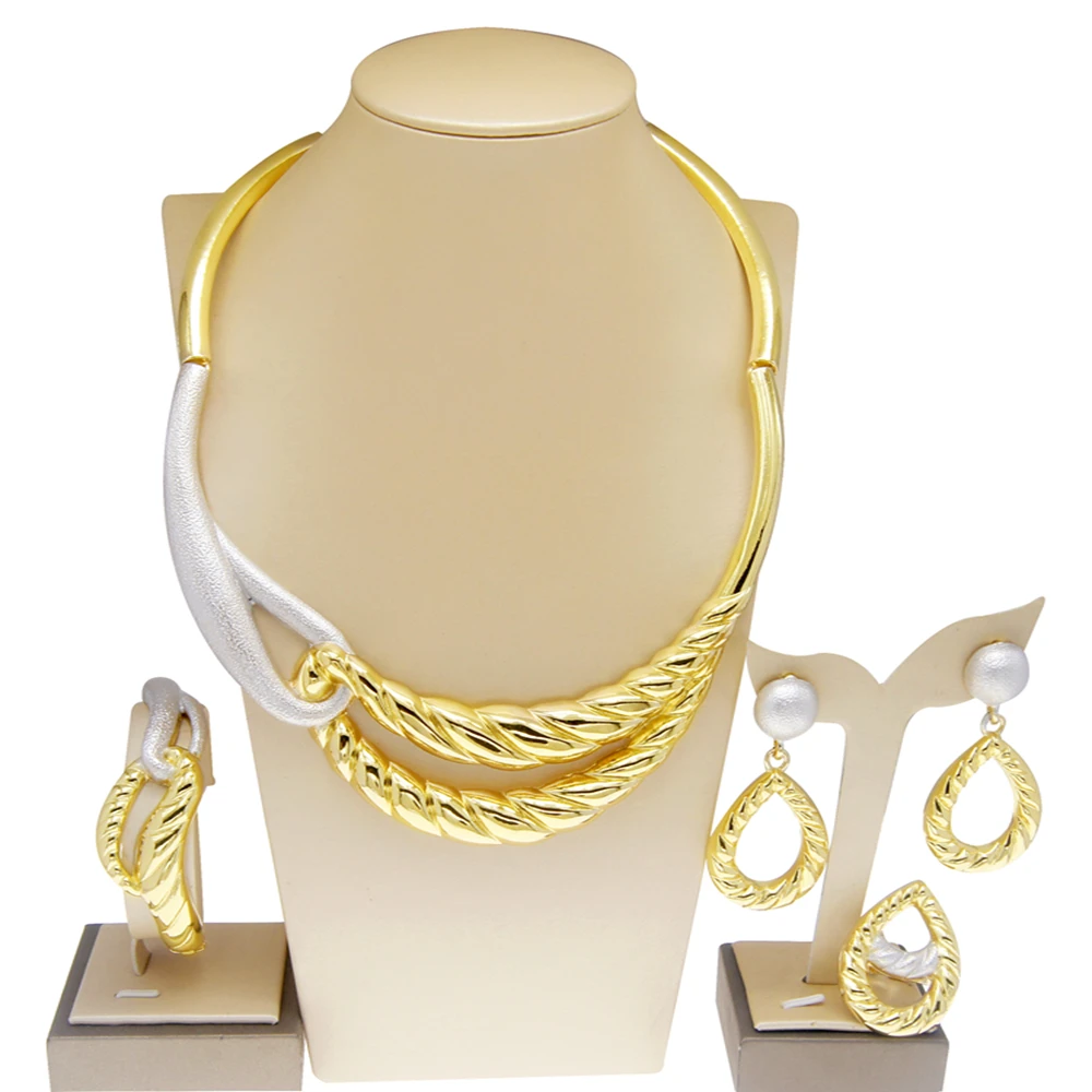 Latest Italian Plated Gold Ladies Necklace Jewelry Set Simple Style Gold Original Ring Bracelet Earrings African Jewelry Wedding