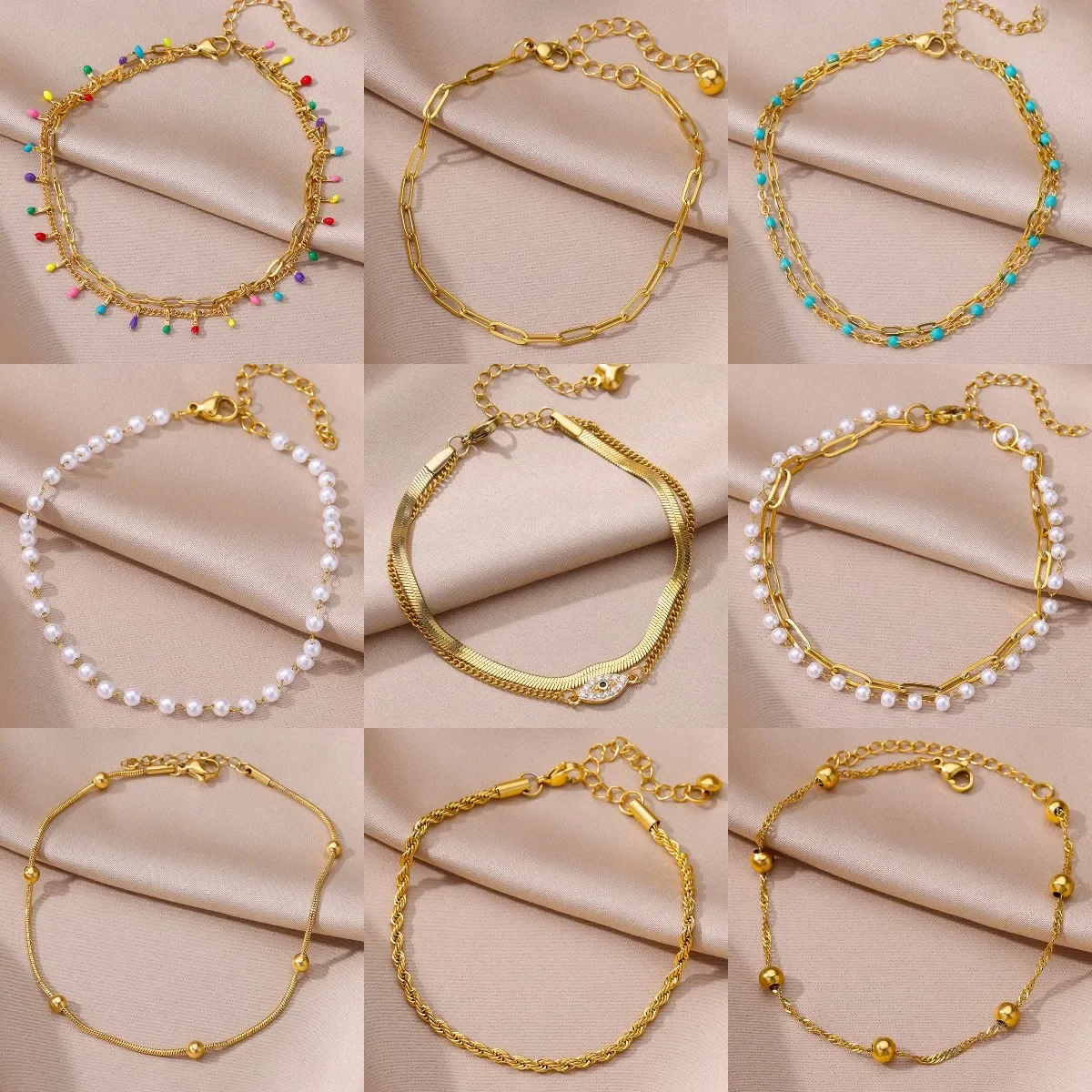 Edelstahl Fußkettchen für Frauen Sommer Strand Accessoires Nachahmung Perlenkette Fußkettchen Gold