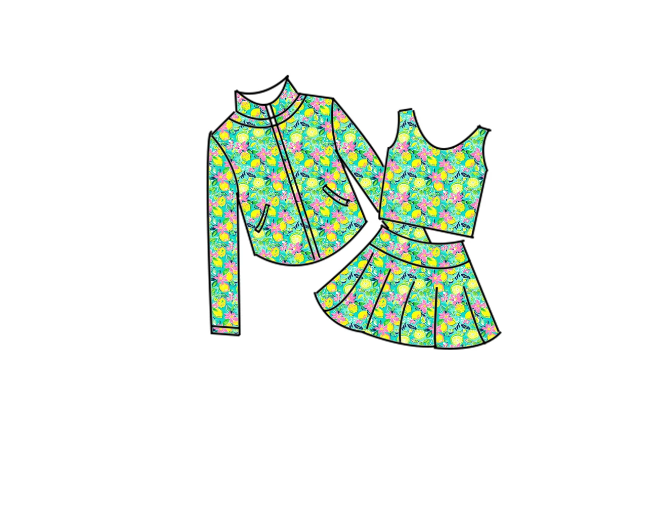 Boutique children's clothing set best-selling girls tank top paired with short skirt and jacket animal lemon print custom