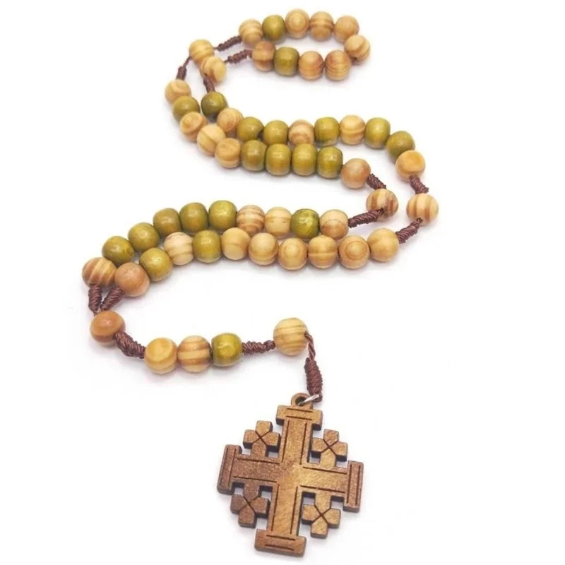 Colliers chapelet croix Jérusalem, chaîne avec pendentif en perles bois catholique pour hommes femmes, unisexe, prière,