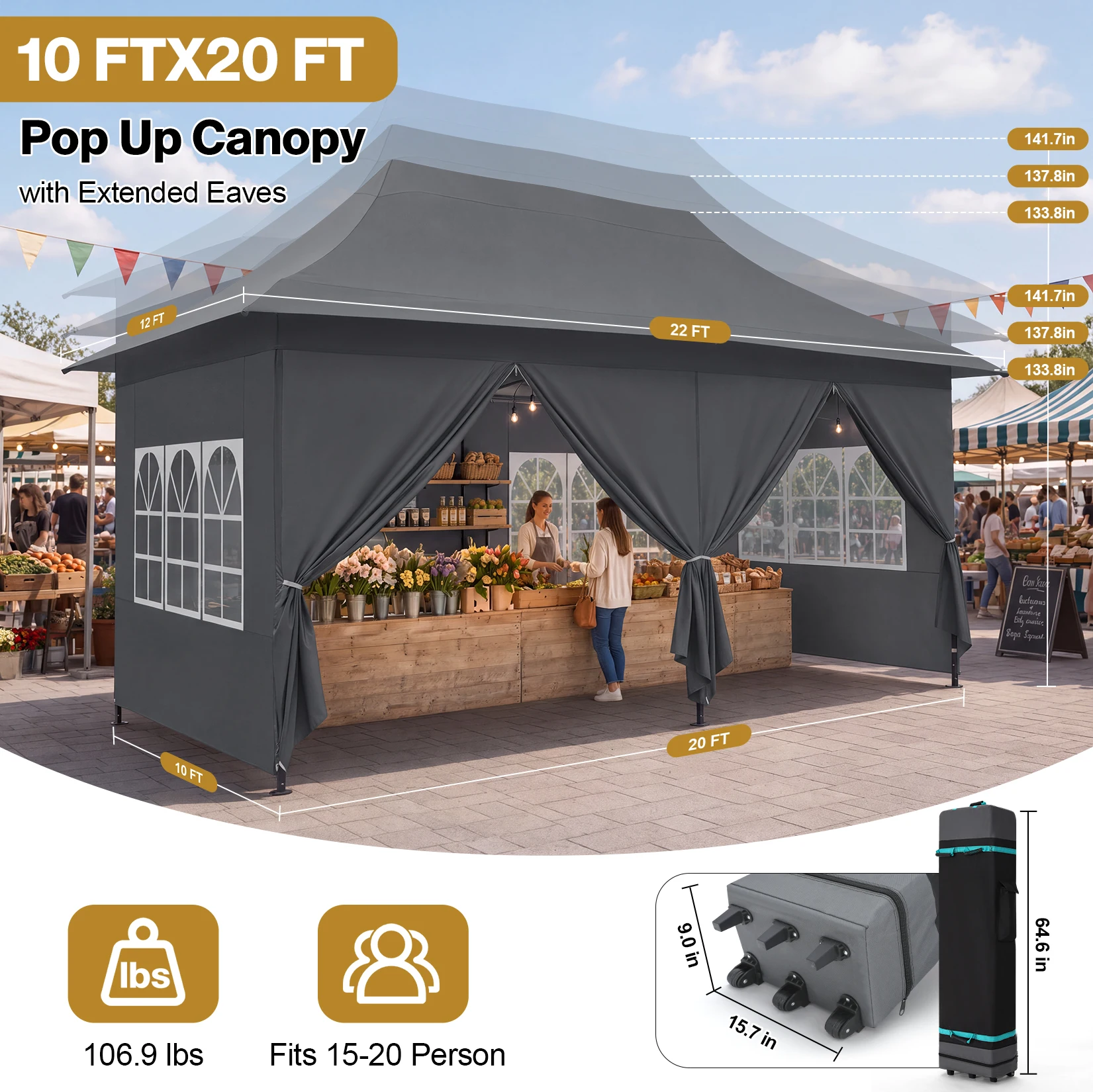 10x20FT Heavy Duty Pop Up Canopy Tent, 420D Oxford PU Coated Instant Gazebo with 6 Sidewalls(PVC Window & Zipper), UPF50+ Waterproof Commercial Outdoor Shelter with Extended Eaves Wheeled Carry Bag Sandbags Stakes & Ropes for Wedding Market Party Backyadr