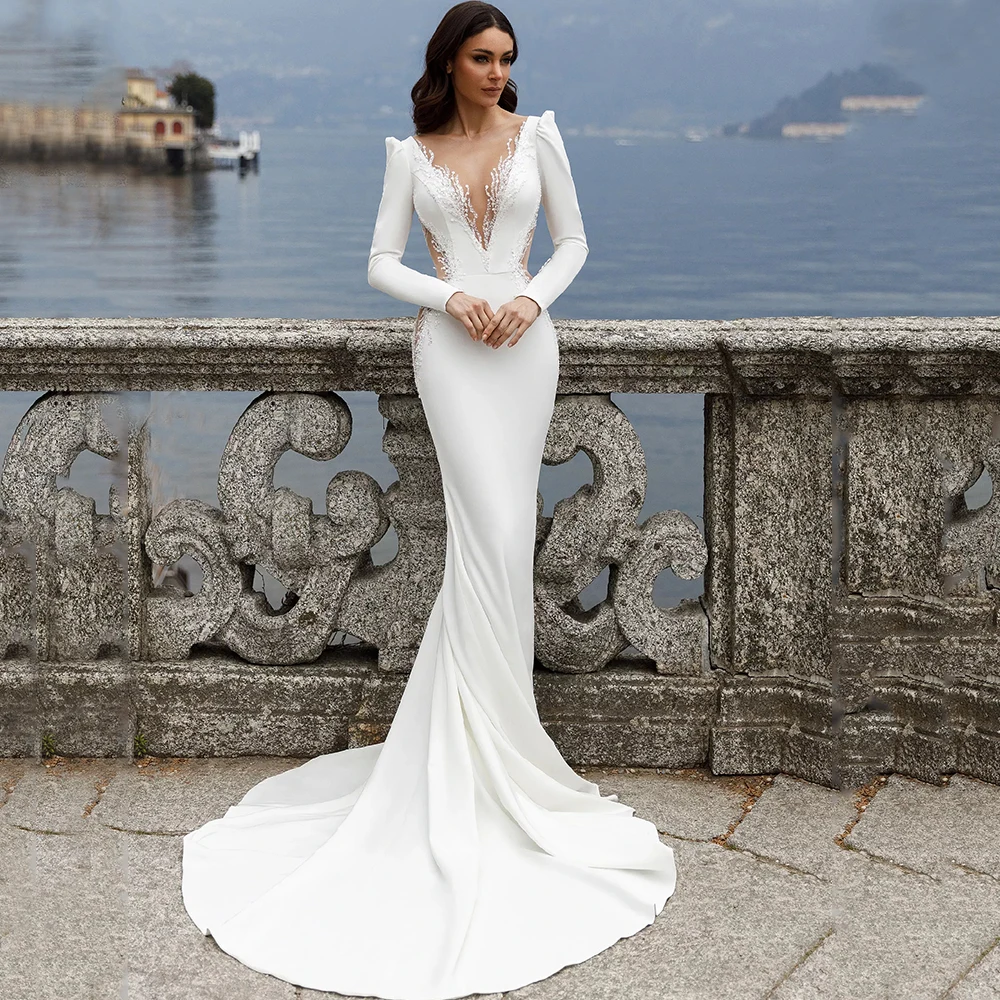 

Exquisite Mermaid Wedding Dress Scoop Neck Long Sleeve Sexy Illusion Back with Buttons Bridal Floor Length Sweep Train Gowns