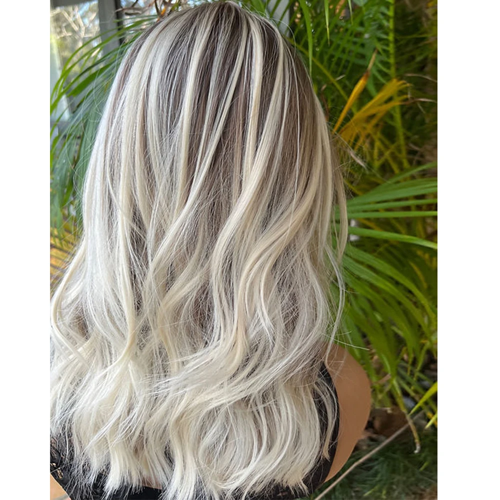 Perruques Synthétiques Balayage Blond Clair, Mélange de Cheveux Humam Ondulés, Racine Brun Clair, Belles Fibres Chaleur, Perruques Avant en Dentelle, 14"