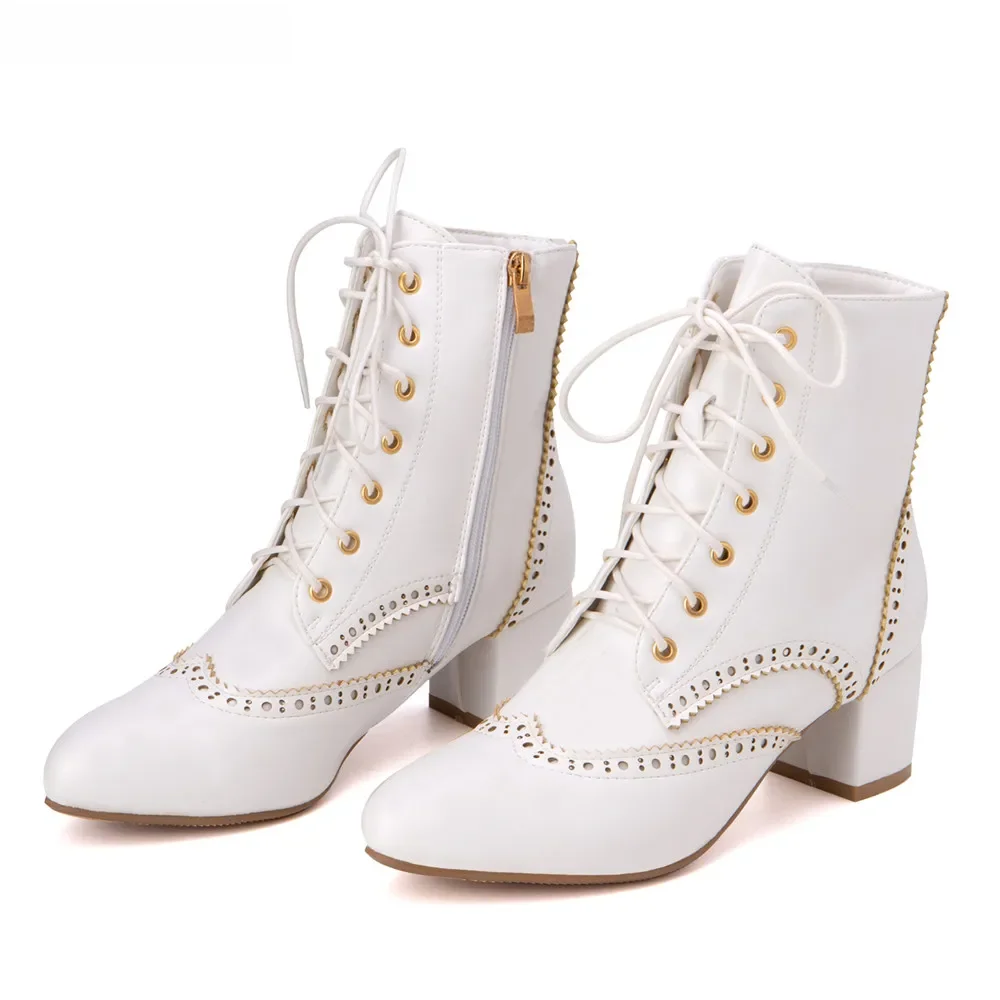2025New à lacets dames carré chaussures à talons hauts bottines côté Zip rétro femmes bout pointu semelle épaisse chaussons courts blanc noir