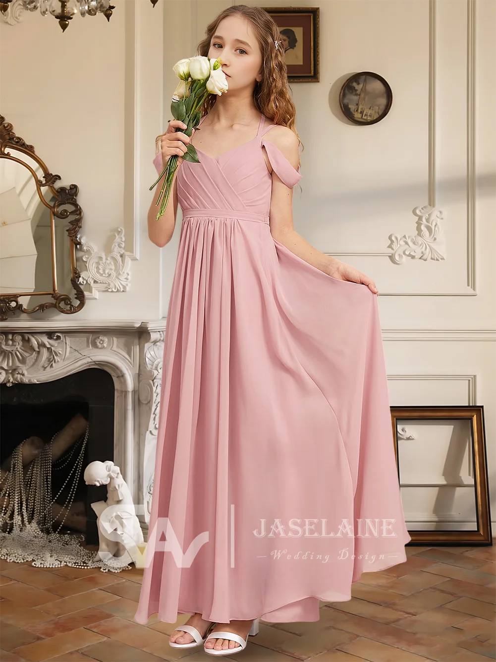 

A Elegant A Line Cold Shoulder Floor Length Chiffon Junior Bridesmaid Dress Flower Girl Dress Girls Party Wedding Formal Special