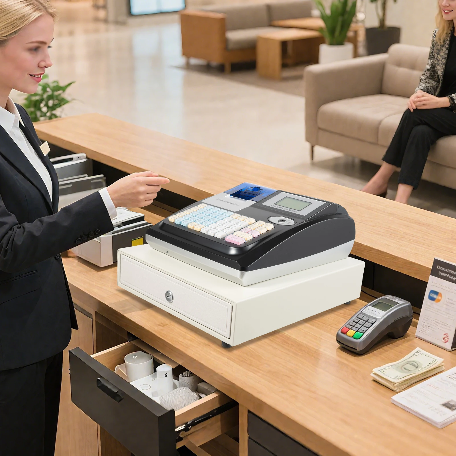 

48-клавишный электронный кассовый аппарат с замком на ключ, термопринтер чеков, анализ прибылов, управление инвентарью для розничного магазина