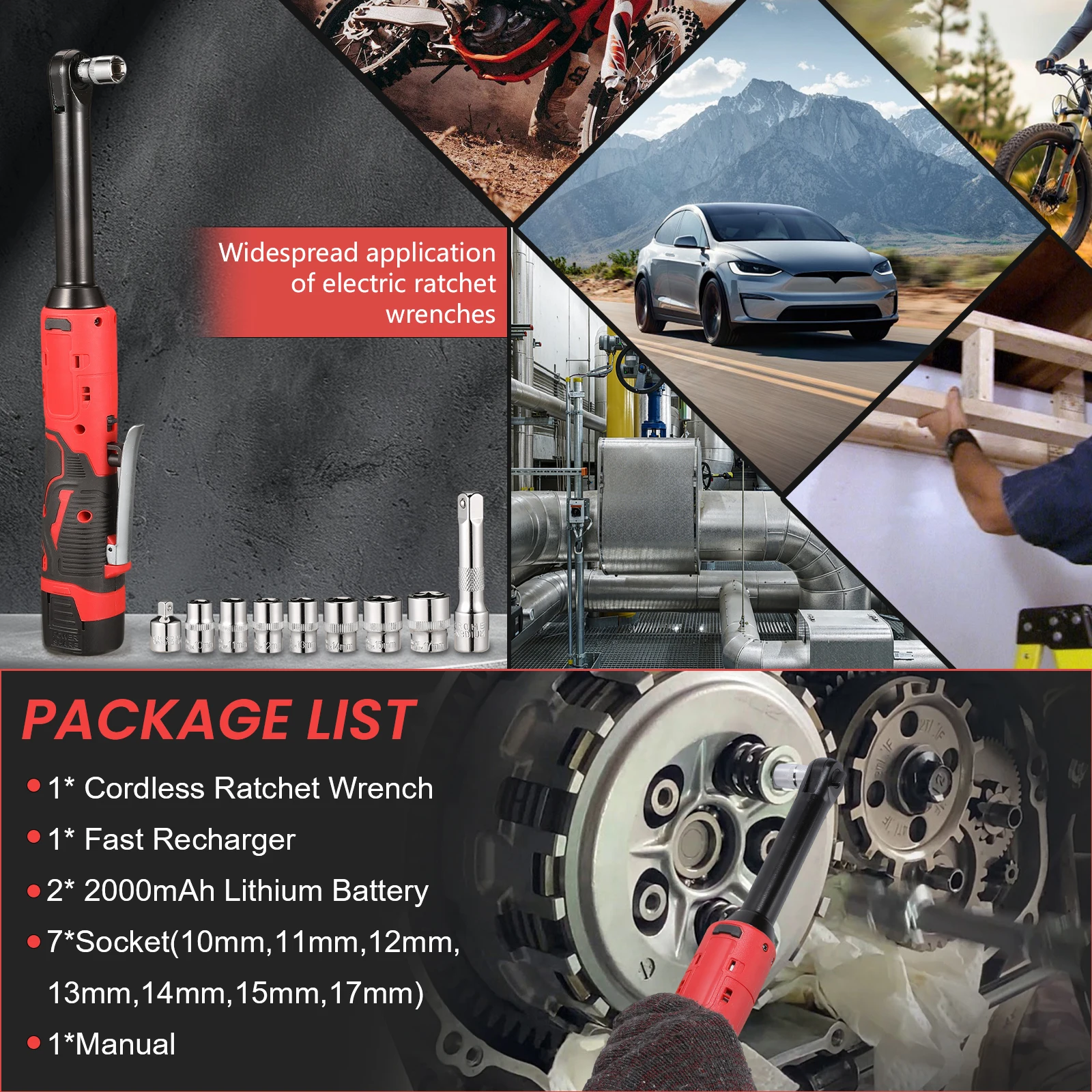 Llave de Trinquete Extensible de 3/8'', Llave Eléctrica Inalámbrica de 500 RPM y 18 V, Llave Angular Recargable, Herramientas de Reparación de Automóviles con 2 Baterías