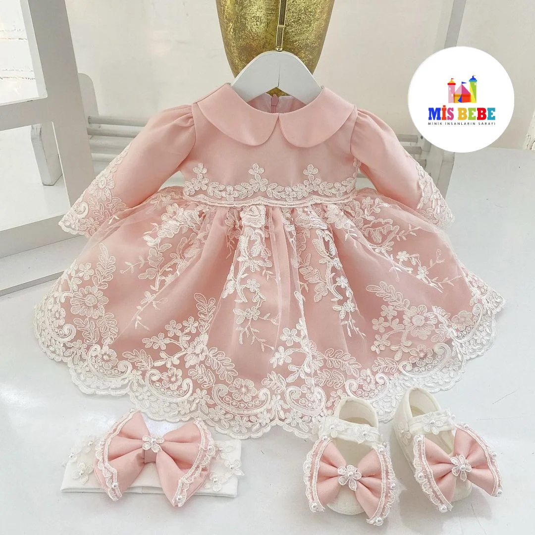 1st birthday Baby Girl Pink Dress Long Sleeve Flower Girl Dress Lace Flower Girl Dress Toddler Infant Party Dress Lace Junior