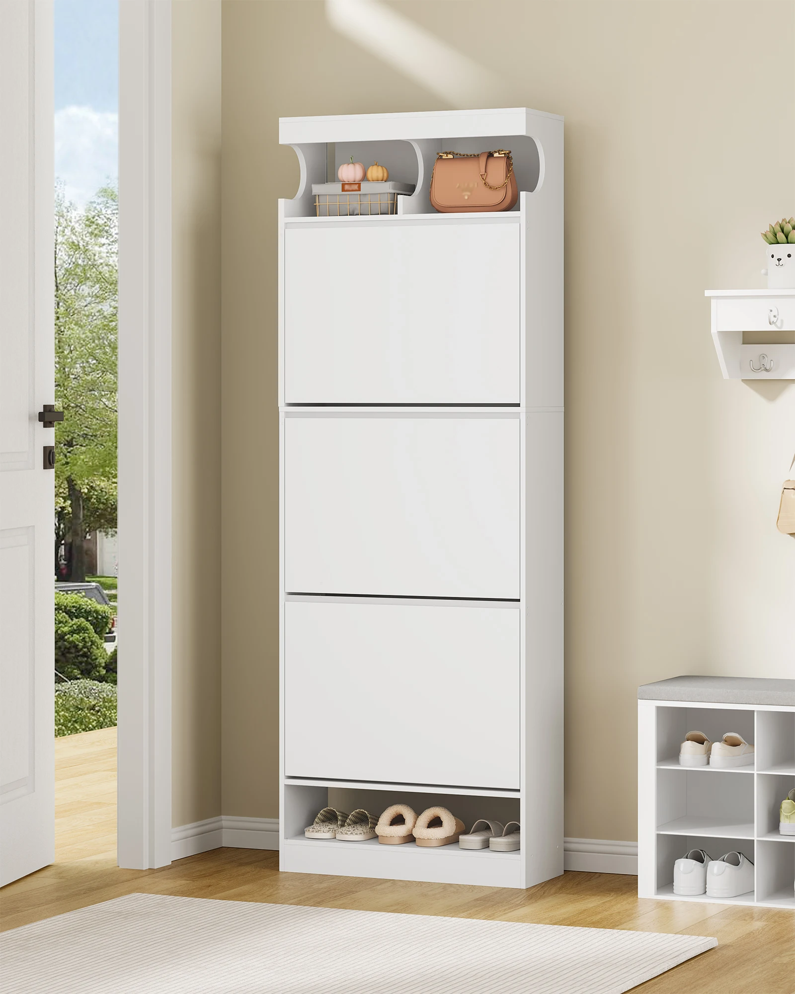 Scarpiera Bianca a 3 Ante, Mobile Porta Scarpe in Legno, Scomparti Aperti, Divisori Regolabili, 21 Paia, Organizzatore per Ingresso e Guardaroba