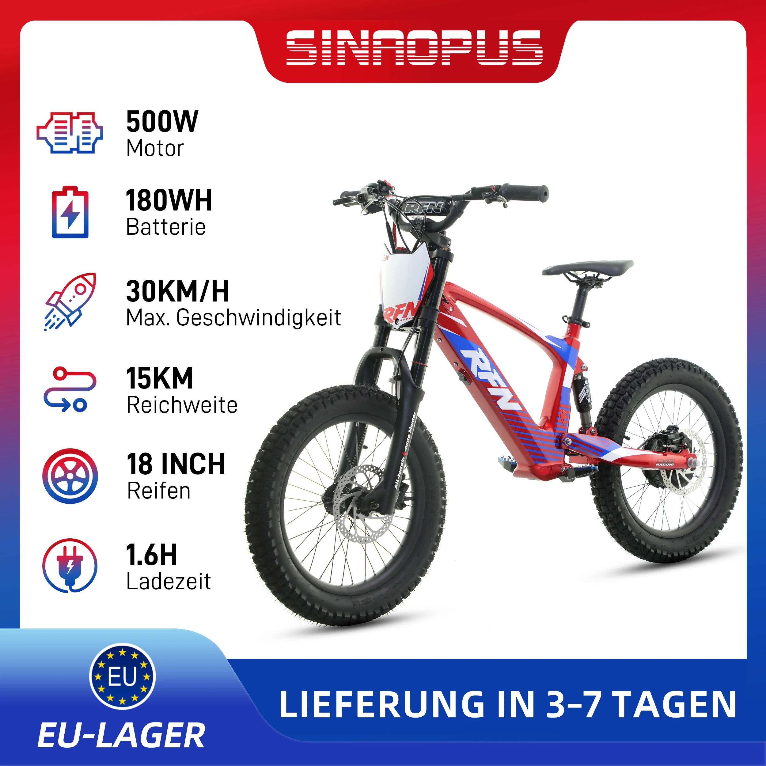 Sinaopus 18-Zoll-Elektromotorrad, 500 W, 180 Wh, Motorrad für Outdoor-Fahrten für Jungen und Mädchen, All-Terrain-Kindermotorrad zum Aufsitzen