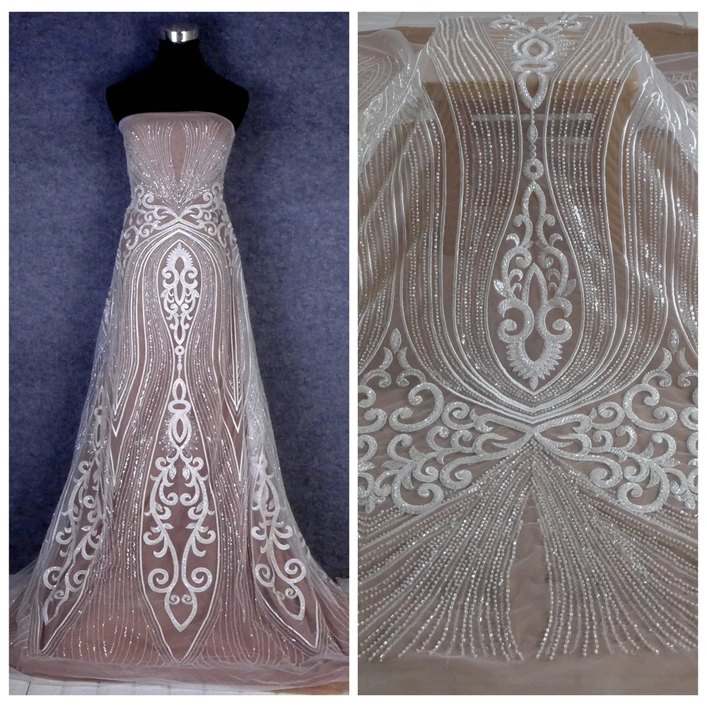 

HelluyerDC Off-White heavy beaded lace fabric,One-sided graceful lines patterns lace for,wedding,evening,dance gown dress