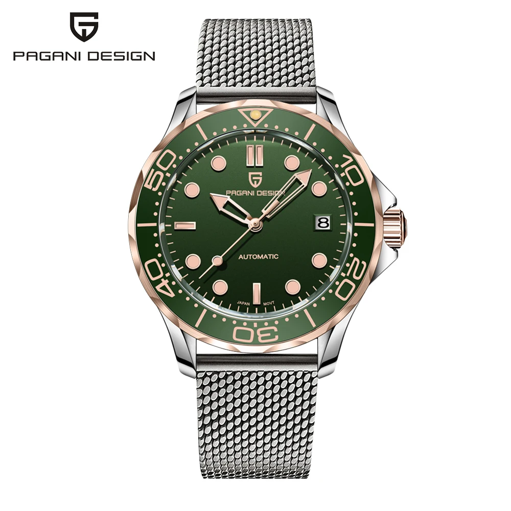 2026 Herrenuhren Pagani Design Neue Gold-Grüne Luxus-Mechanische Armbanduhren Automatikuhr für Männer Wasserdicht Leuchtend AR-Saphirspiegel Sportliche Keramiklünette Edelstahl-Mesh-Armband EU-Lokaler