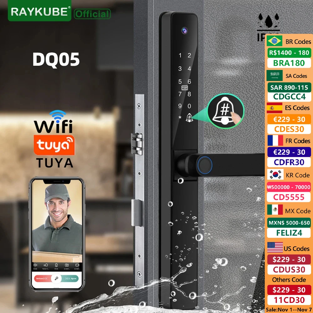 

RAYKUBE DQ05 IP66 Waterproof Tuya WiFi Door Lock Aluminum Door Locks With APP Video Call Fingerprint Password IC Card Key Unlock