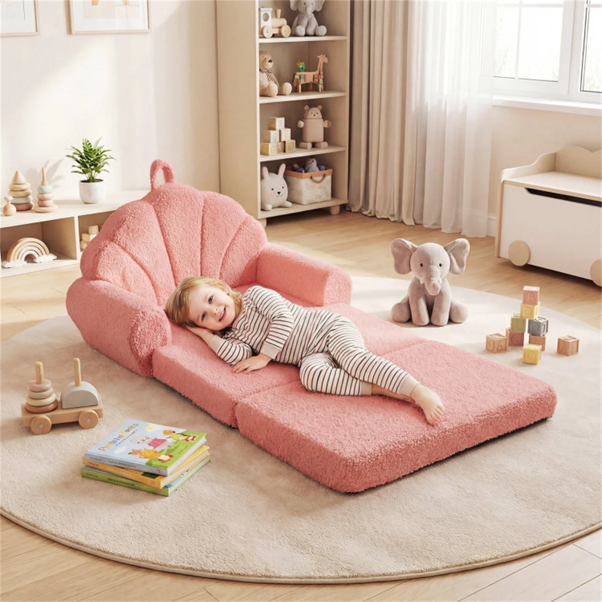 

2-in-1 Flip Open Kids Sofa Lounger, Teddy Fleece Toddler Couch with Carry Handle for Ages 3+ (Pink)