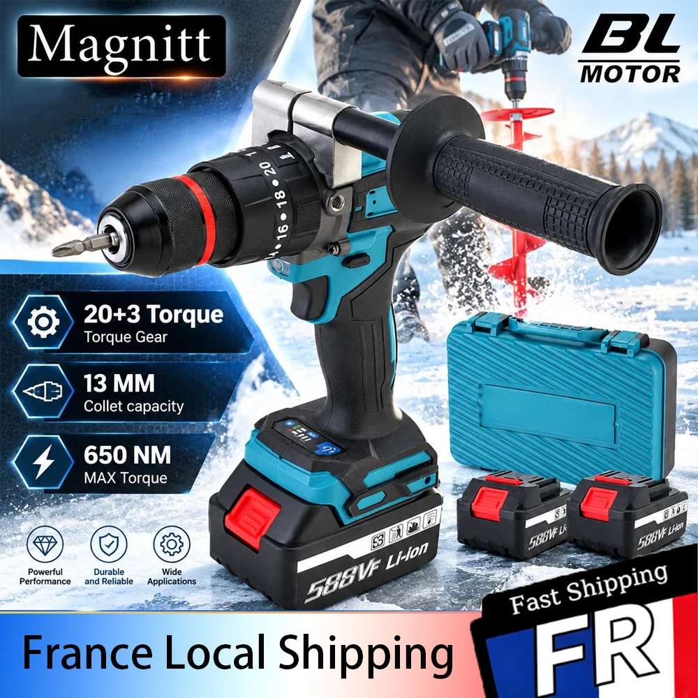 Taladro de impacto eléctrico de 650 Nm, 20+3 niveles de torque, atornillador sin escobillas, portabrocas, batería, 13 mm, taladro de