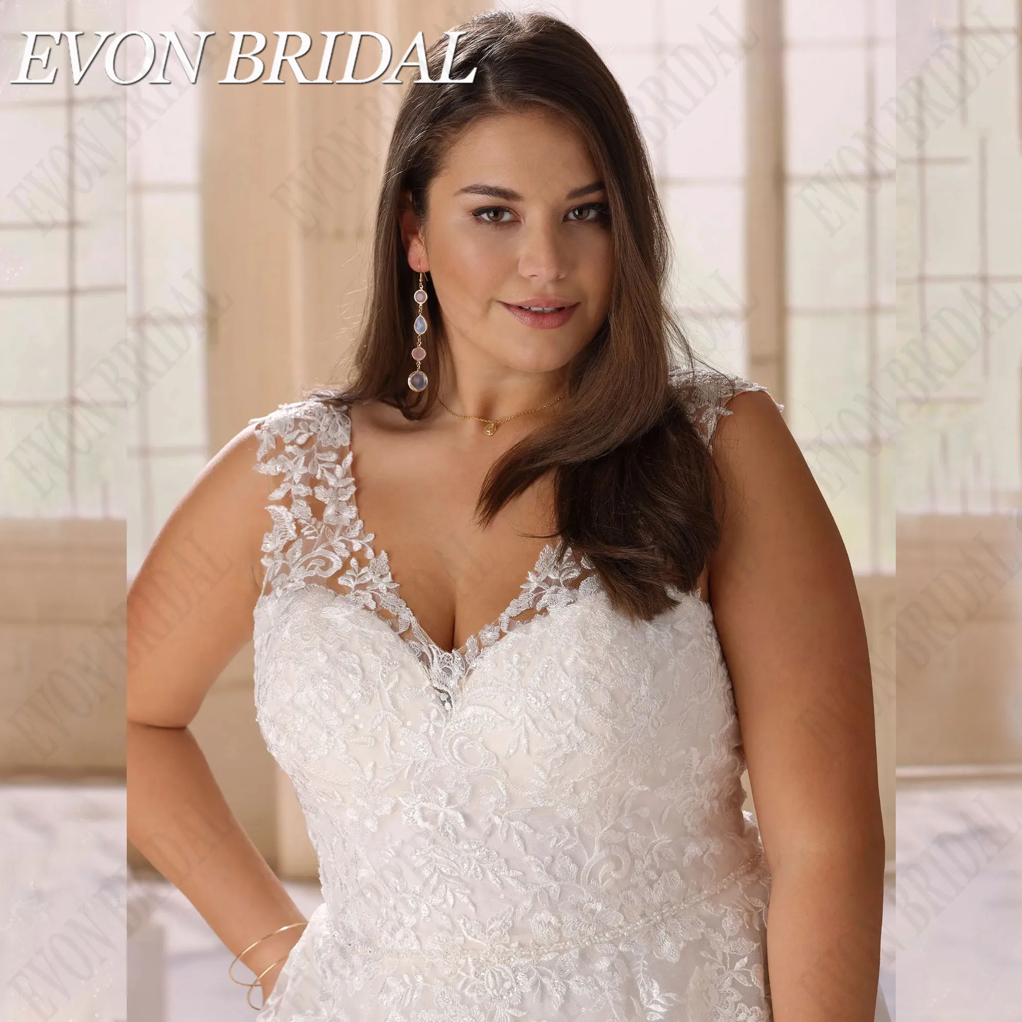 EVON BRIDAL Glitter Tulle Wedding Dress Plus Size V-Neck Sleeveless Applique Bride Gowns vestidos de novia de talla grande