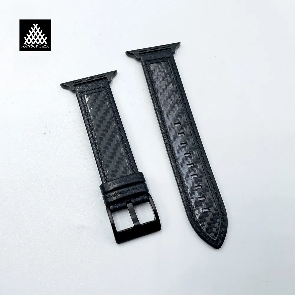 

Real Carbon Fiber + Leather Bands for Apple Watch S3 S4 S5 S6 S7 S8 S9 38 40 41 42 44 45 49 mm For iwatch Genuine Leather Straps
