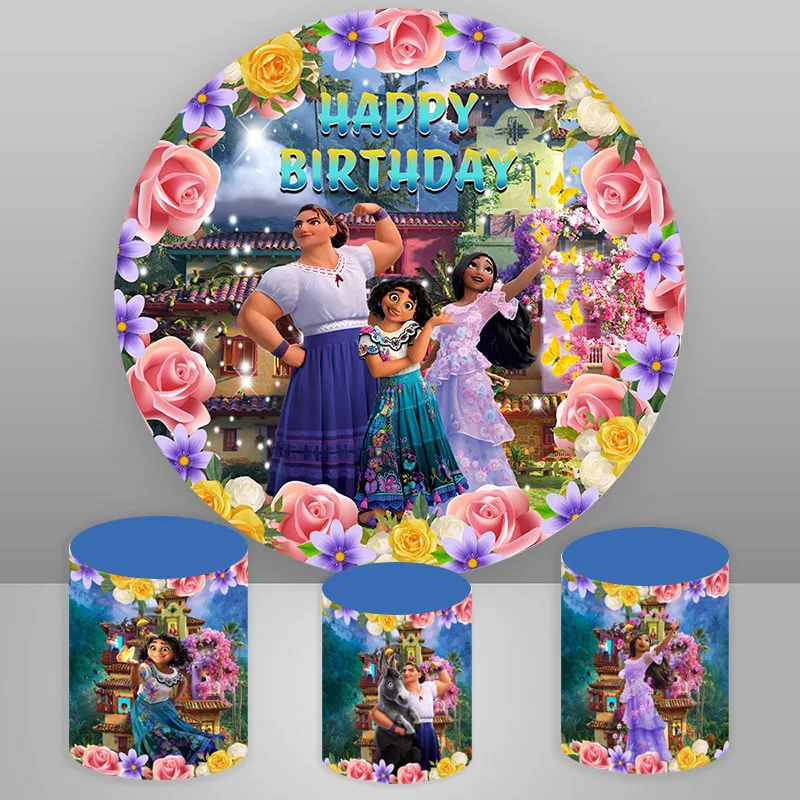 Disney Charming Encanto Round Backdrop Princess Birthday Photo Backdrop Magic Whole House Circle Cylinder Cover Decorations Prop