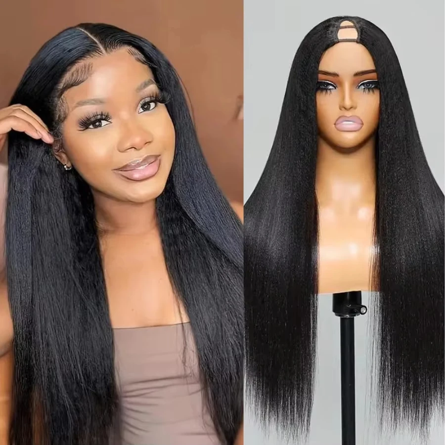 Hair Yaki Straight V Part Wig 100% Human Hair V Shaped Wig Upgrade V Part Yaki Wig No Sew In Clip In Half Wig Read To Wear Go