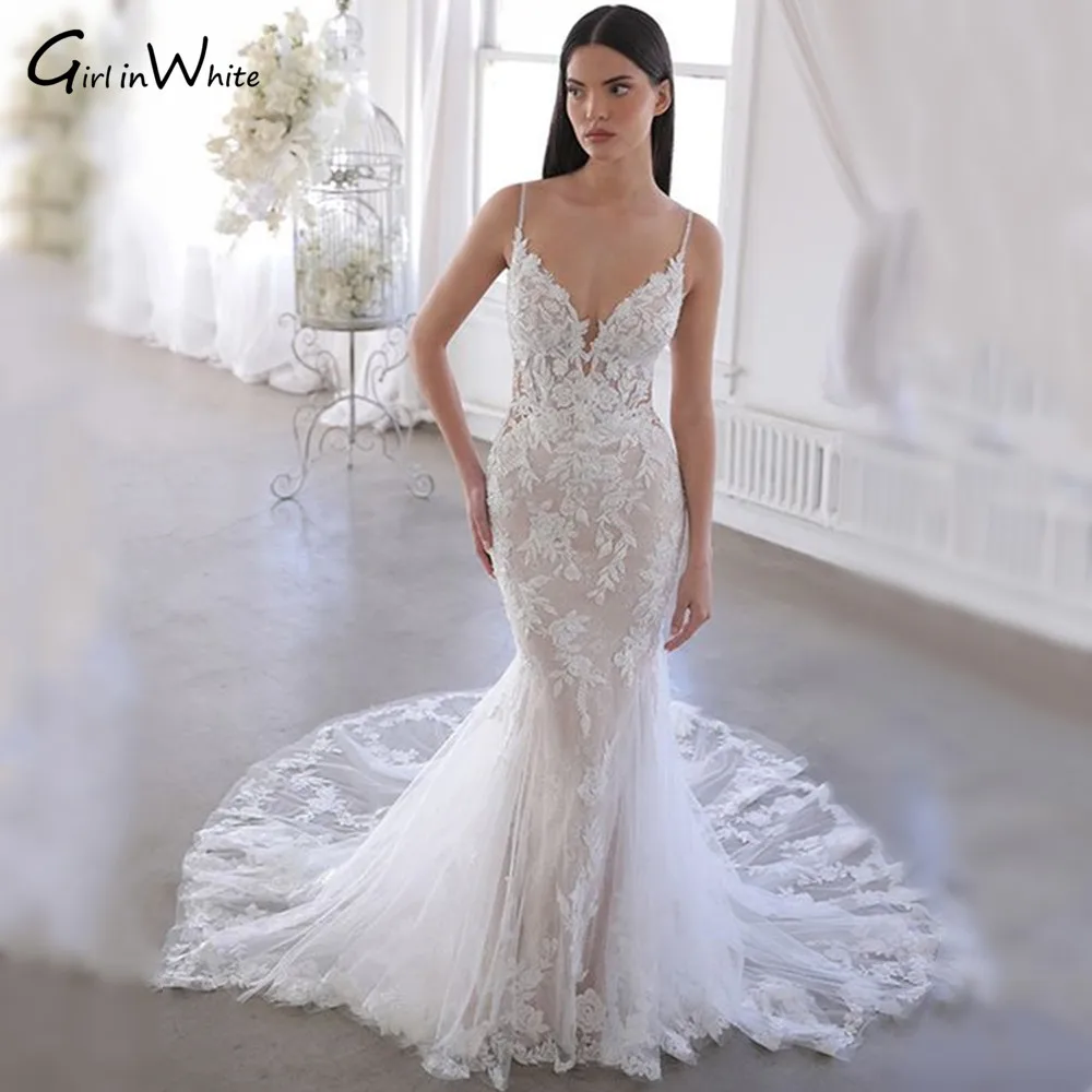 

Gorgeous Mermaid Bridal Wedding Gown Grace Full Body Lace Embroidery Wedding Dress customized Sweep Train Vestidos De Novia