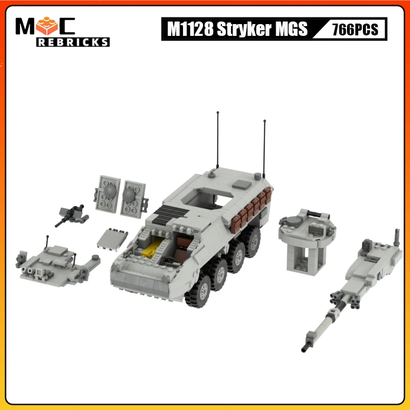 WW II MOC Bricks US M1128 Stryker Mobile Gun System Vehicle Block Build Parts Model Military Car Brick Toys Children Gifts