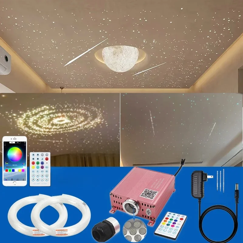 Plafond en Plâtre Effet Ciel Étoilé Intérieur avec Lumière Blanche Scintillante, Roue Tournante, Ciel Étoilé, Étoiles Filantes, RGBW, pour Salon, Balcon, Contrôle par Application, Lumière Fibre