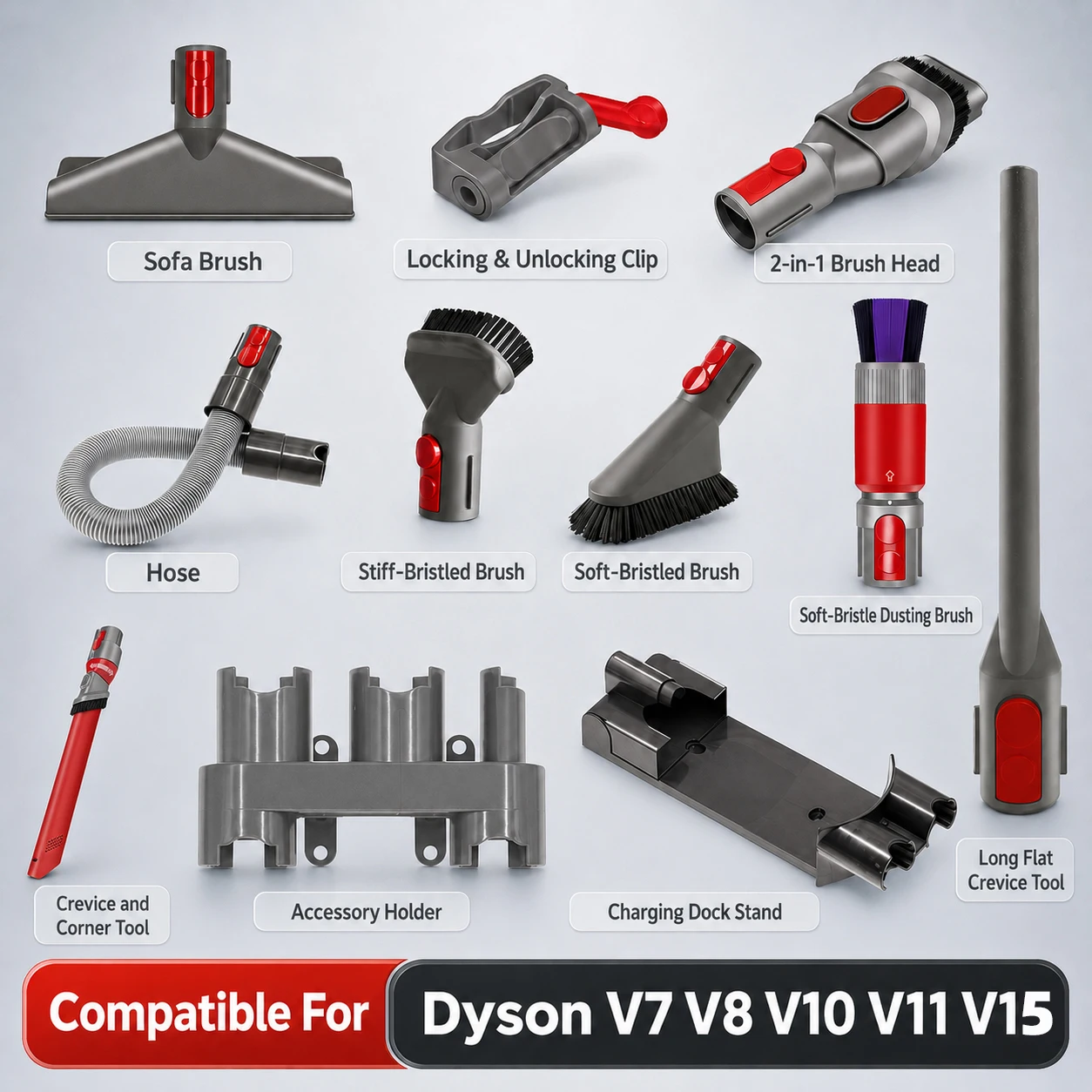 Zubehör kompatibel mit Dyson V7 V8 V10 V11 V15, 11-teiliges Staubsauger-Aufsatzset mit Fugendüse, Bürste, Schlauch, Halter und Dock