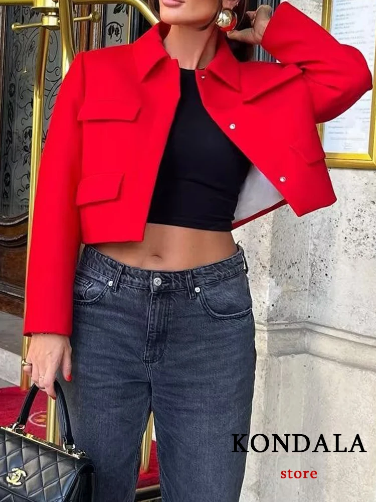 KONDALA Stylish Red Cropped Jacket Four Flap Pockets Collar Button Closure Blazer Fashion 2023 Autumn New Chic Women Outwear