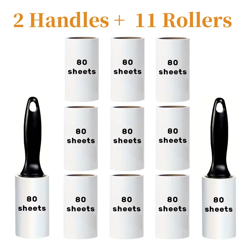 Lint Roller Set 13 Pieces - 2 Handles + 11 Rollers - Strong Adhesive Strength Against Pet Hair & Lint - Clothes Roller for House