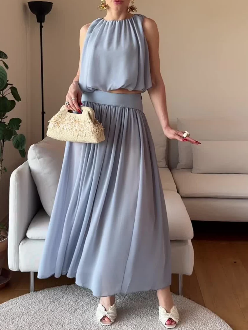 Women Two Piece Set Dusty Blue Pleated Sleeveless Tank Top High Waist Flowy Long Maxi Skirt Suit Summer Elegant Vacation Outfits