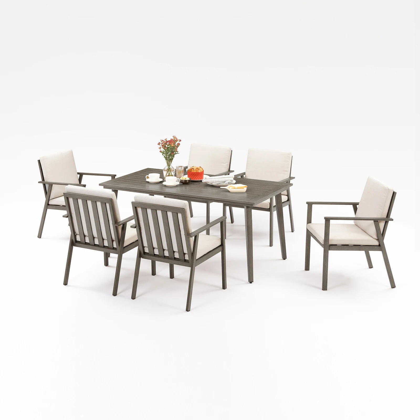 

SeeHill Обеденный набор для патио из 7 предметов, алюминиевый стол и стулья с отверстием для зонта, уличная мебель из ограниченного дуба для террасы, сада