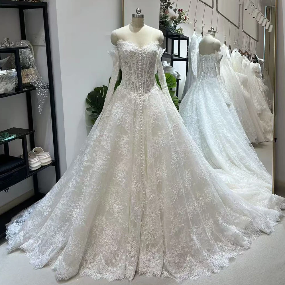 

Wedding Dresses Bride With Buttons Lace Off The Shoulder Long Sleeves A Line Women's Wedding Gowns