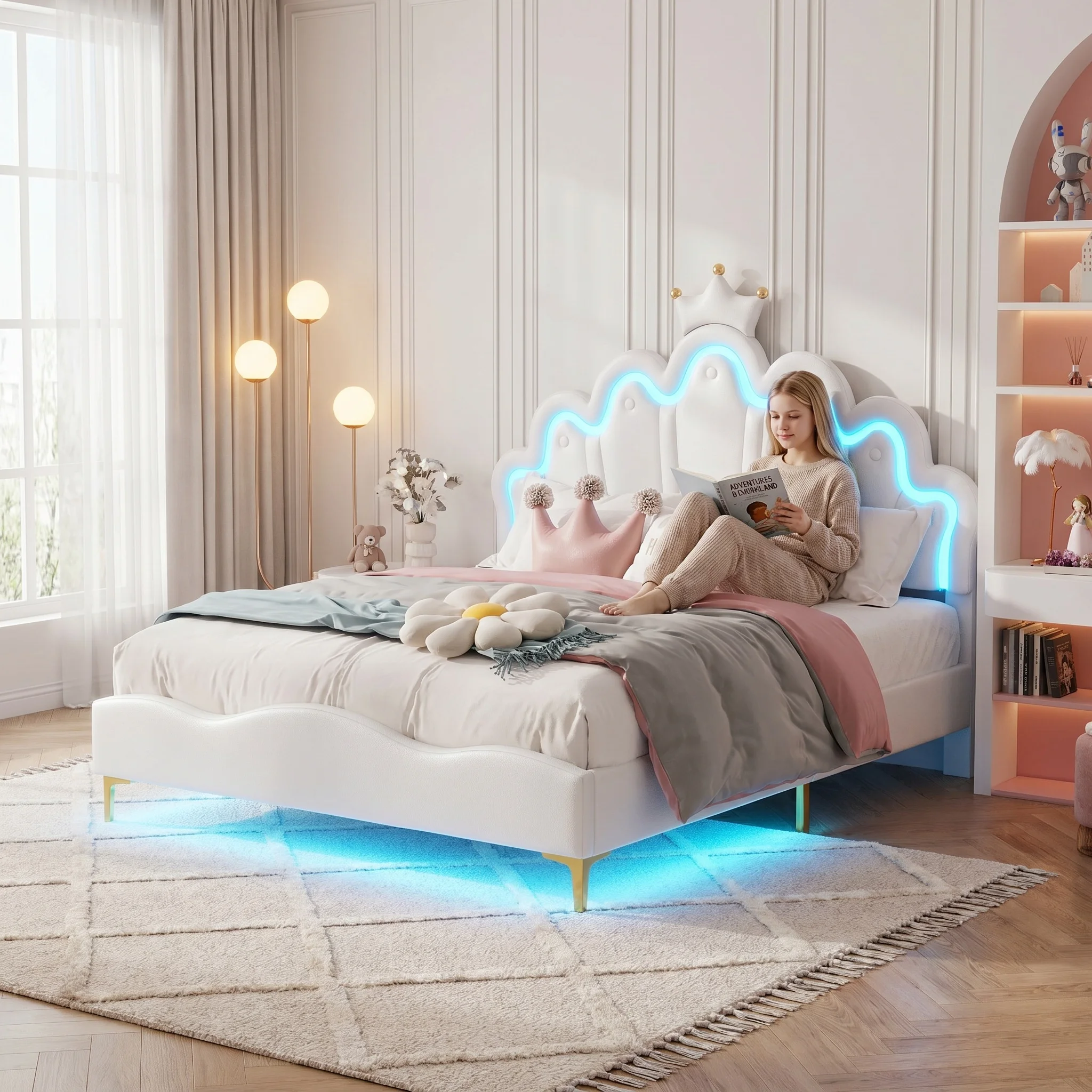Cama LED Superaly de 140x200cm con Diseño de Corona para Niñas, Cama Tapizada Tipo Princesa Tamaño Queen con Luces RGB, Cabecera en Forma de Concha, No Requiere Base de Somier