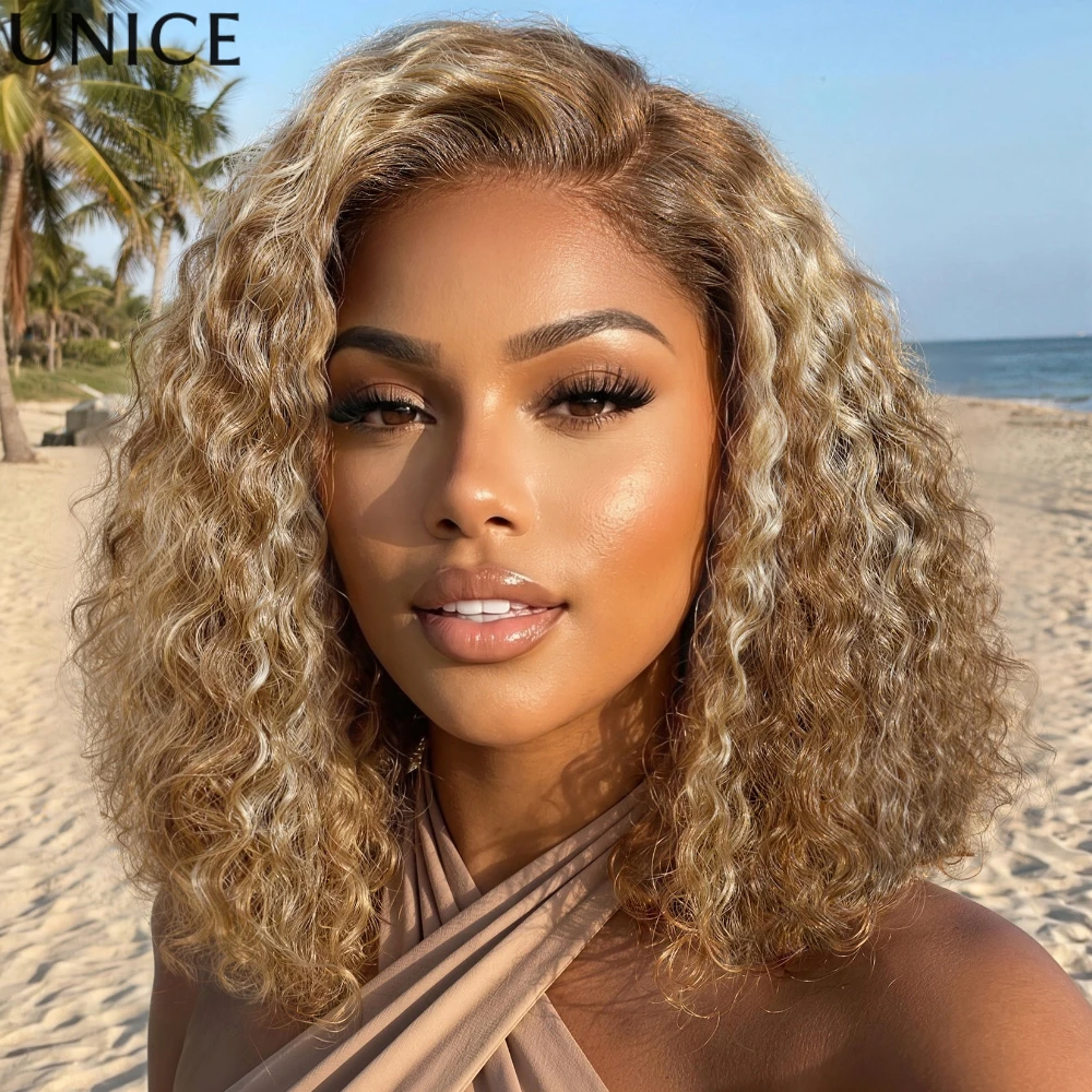 UNice 7x5 Bye-Bye Slip ™   Perruque Bob Bouclée Blond Miel avec Mèches et Raie Latérale en Dentelle, Densité 180%, Prête à Porter, Sans Colle, Cheveux Humains