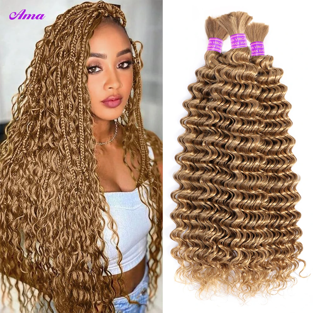 Honey Blonde Deep Wave Bulk Cabelo Humano para Trançar, Pacotes coloridos de cabelo humano, sem trama, 100% cabelo humano, 100g por PC, #27