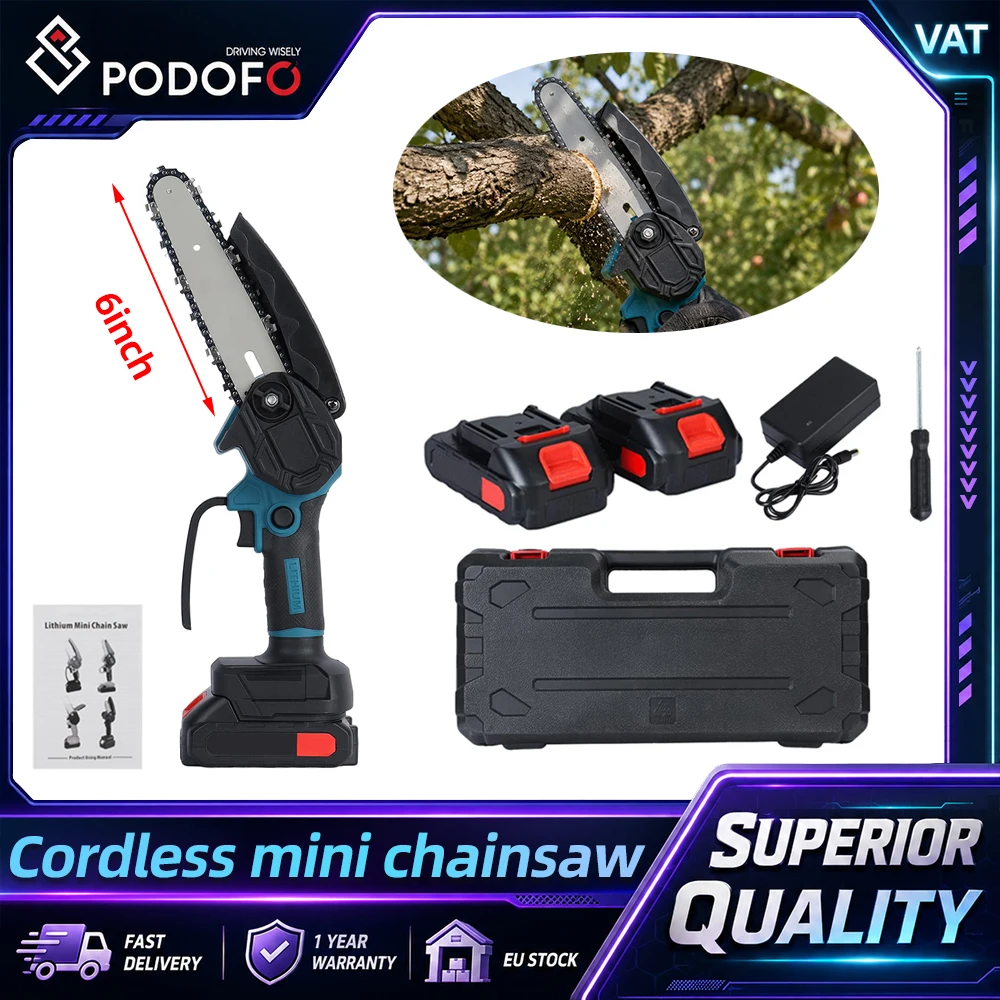 Podofo Mini-Kettensäge, 6 Zoll, kabellose elektrische Holzbearbeitungs- und Gartensäge, 650 W, tragbare Kettensäge mit Sicherheitsverriegelung, mit 2 Akkus zum Schneiden von Ästen, zum Beschneiden von