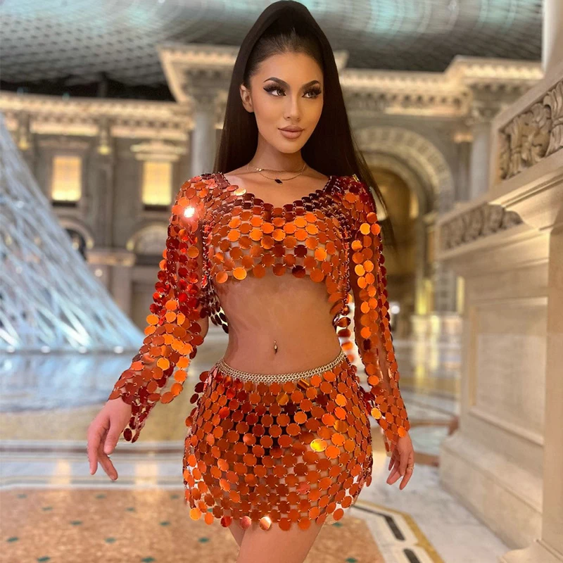 2022 New Arrivals Women Sexy Orange 2 Piece Outfits Long Sleeve Party Sequins Chainmail Crop Top and Mini Skirt Set