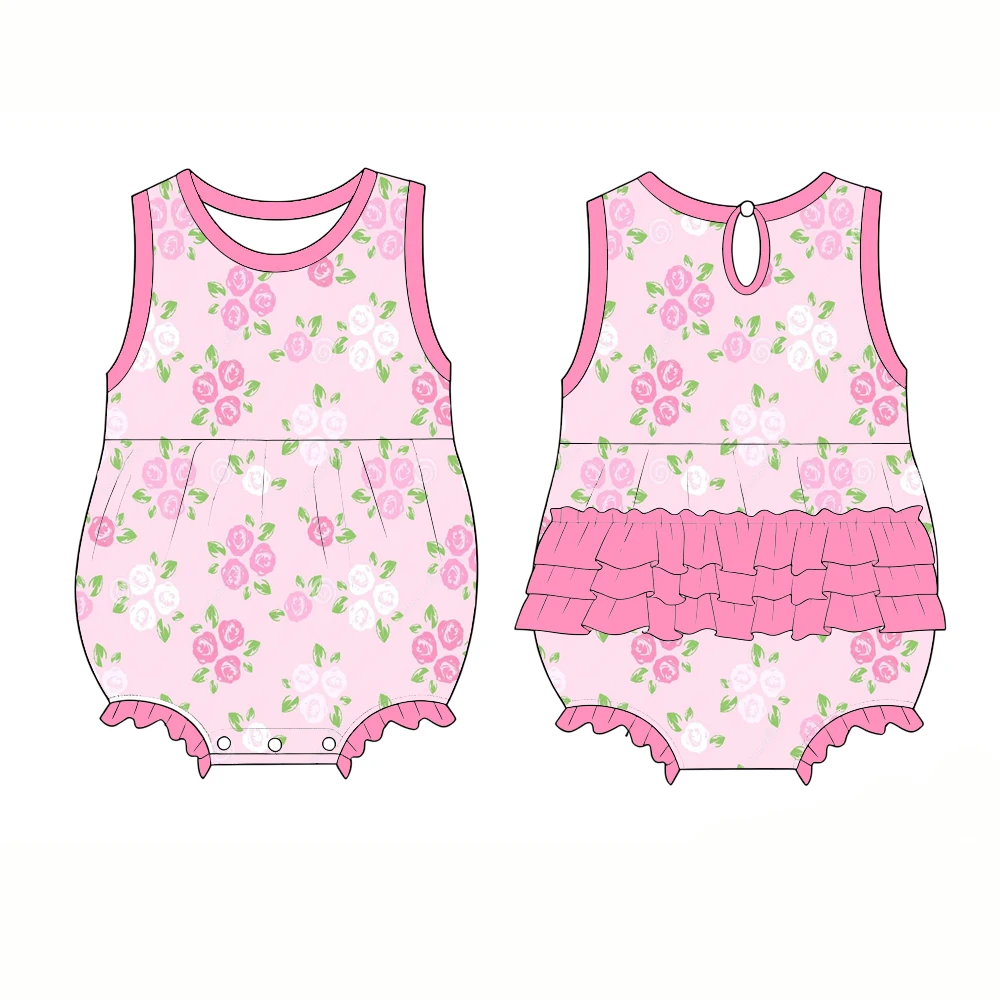 Boutique Children's Round neck short jumpsuit buttons 3-layer ruffle flowers print Toddler clothing custom wholesale