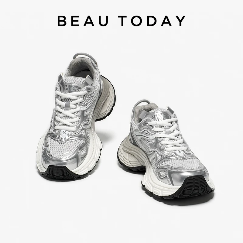 BEAUTODAY Chunky sneakers damskie siatkowe srebrne sznurowane okrągłe Toe oddychające buty sportowe do biegania damskie HW29A09