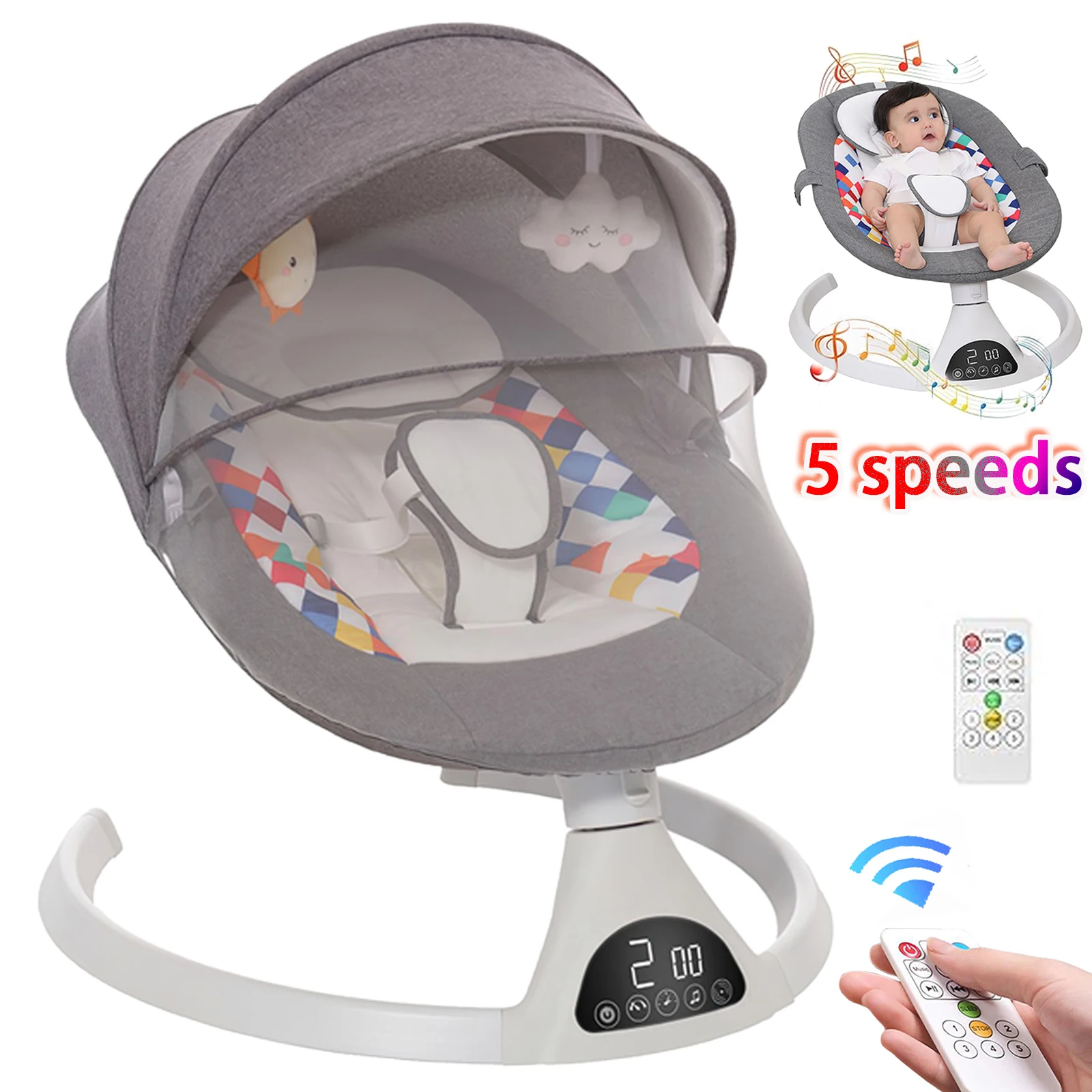 3 IN 1Baby Rocking Bed Newborn Electric Swing Rocking Chair Intelligent Touch Screen Music Timing Remote Control Automatic Chair