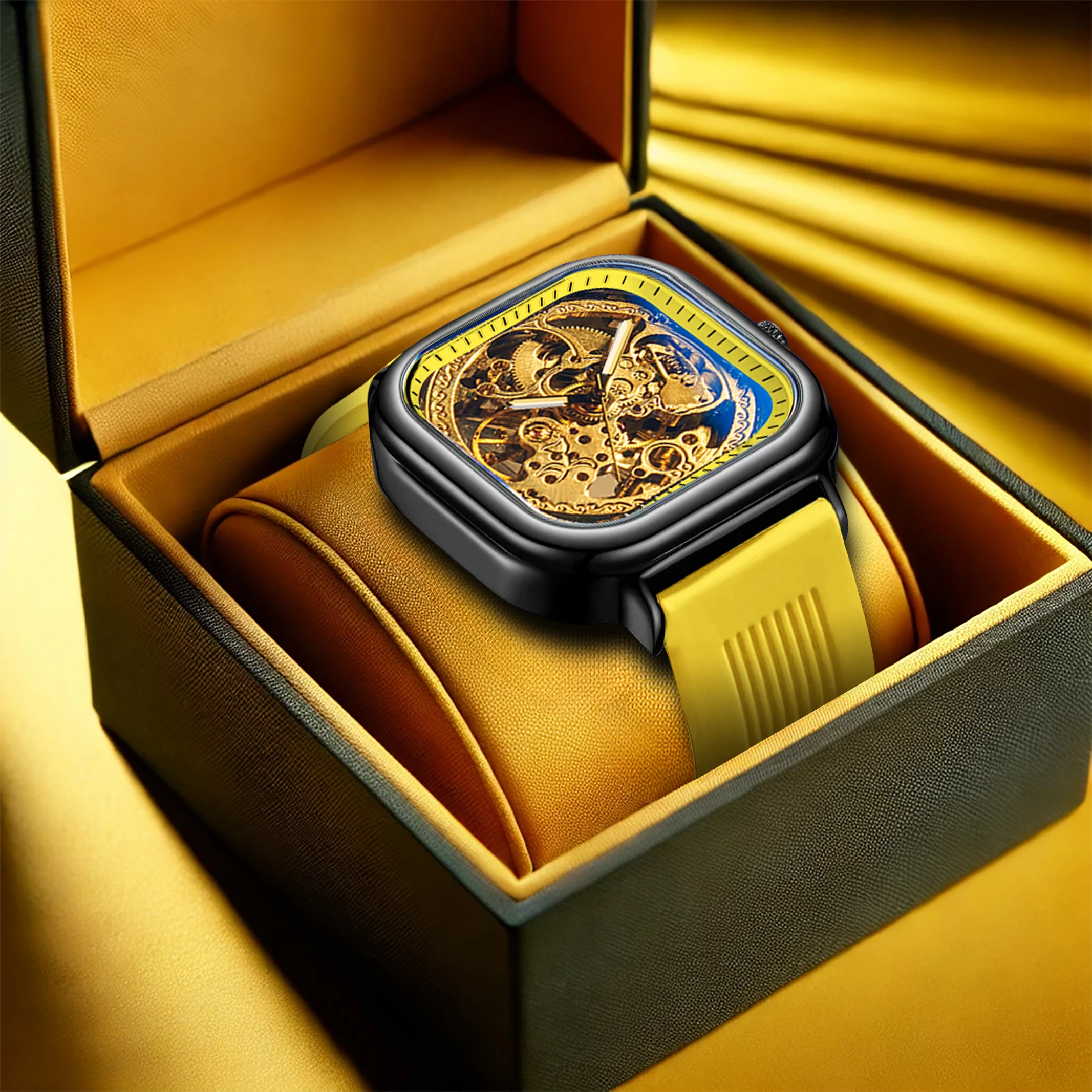 

Часы мужские механические с квадратным желтым силиконовым ремешком, автоматические