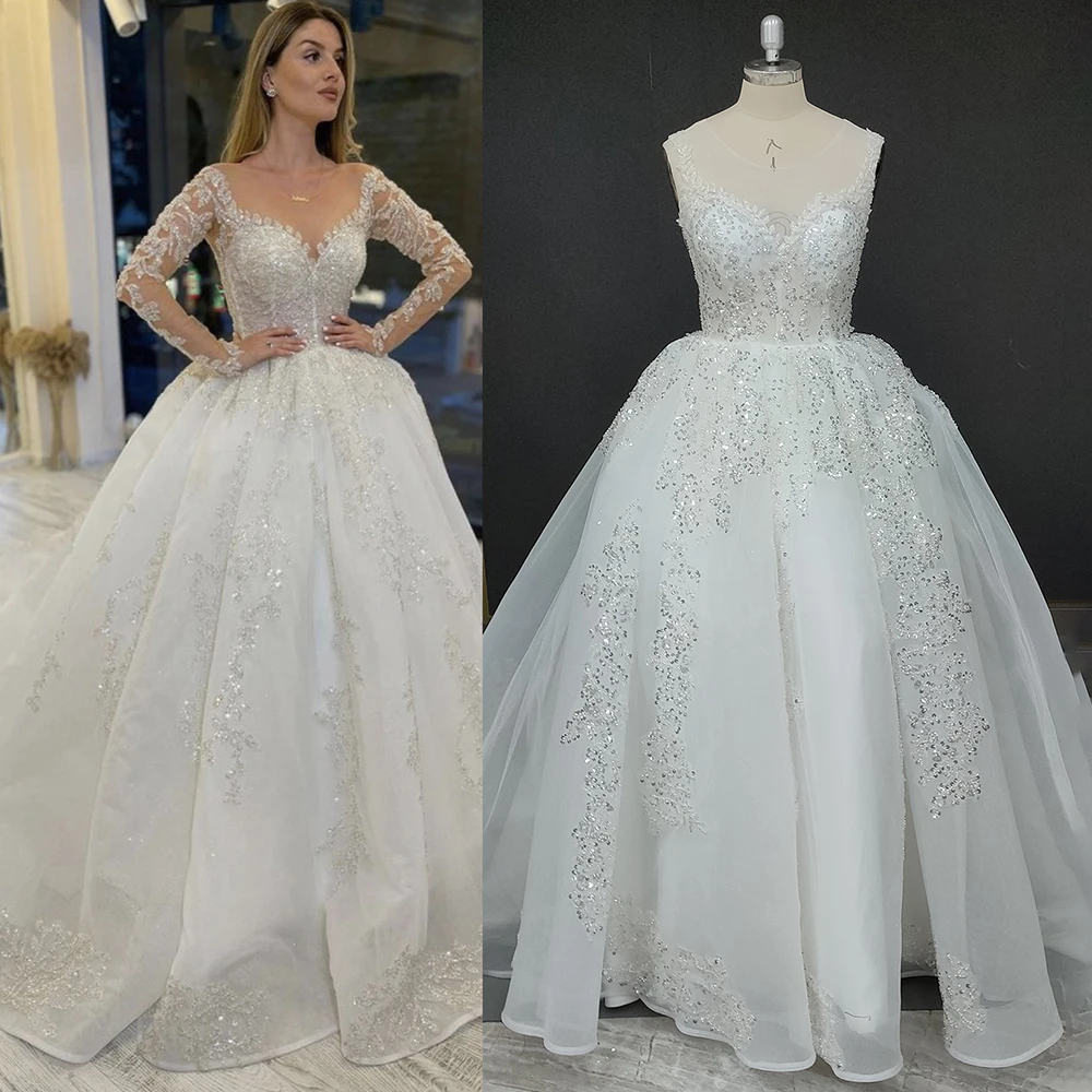 

Luxury Bling Tulle Sequins Wedding Dress Fluffy Lace Up Plus Size Boning Appliques Long Sheer Sleeves Bridal Ball Gowns