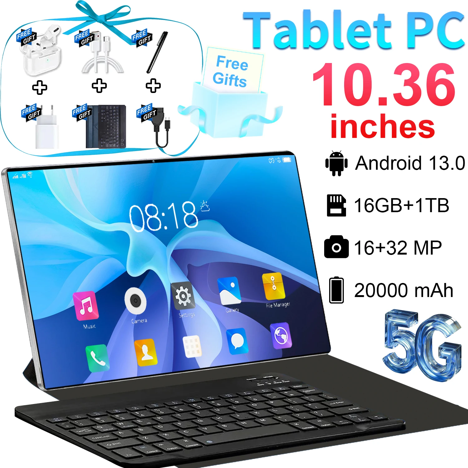Tablette PC 5G version globale 2026, 16 Go + 1 To, écran 10,36 pouces, Android, WiFi, Bluetooth, 20000 mAh, Android 13, 16 MP, 32 MP, double SIM