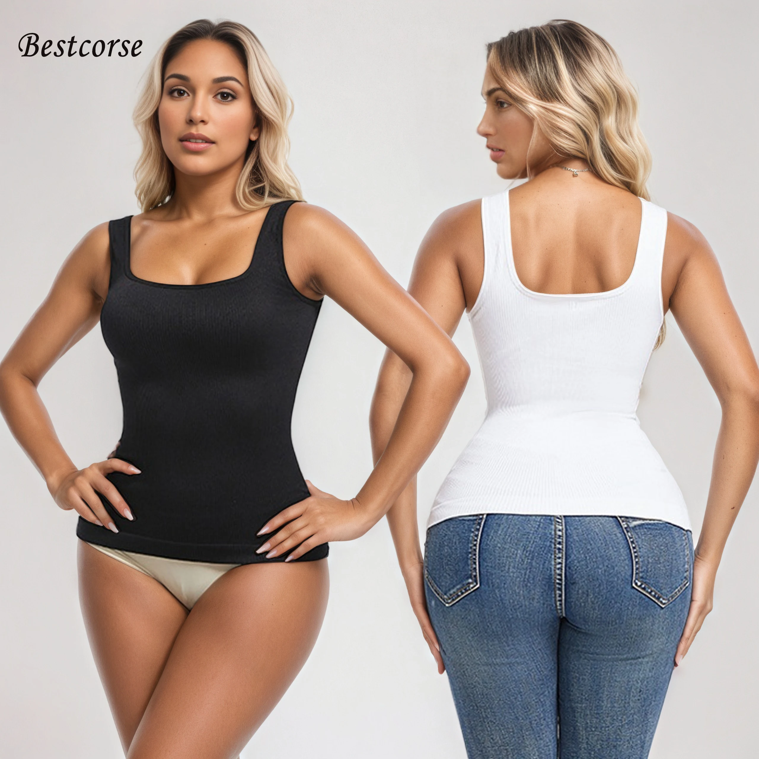 

White Seamless Shapewear Top Women Plus Size Body Shaper Slim Waist Tummy Control Slimming Tight Black Top Tank Top Sleeveless