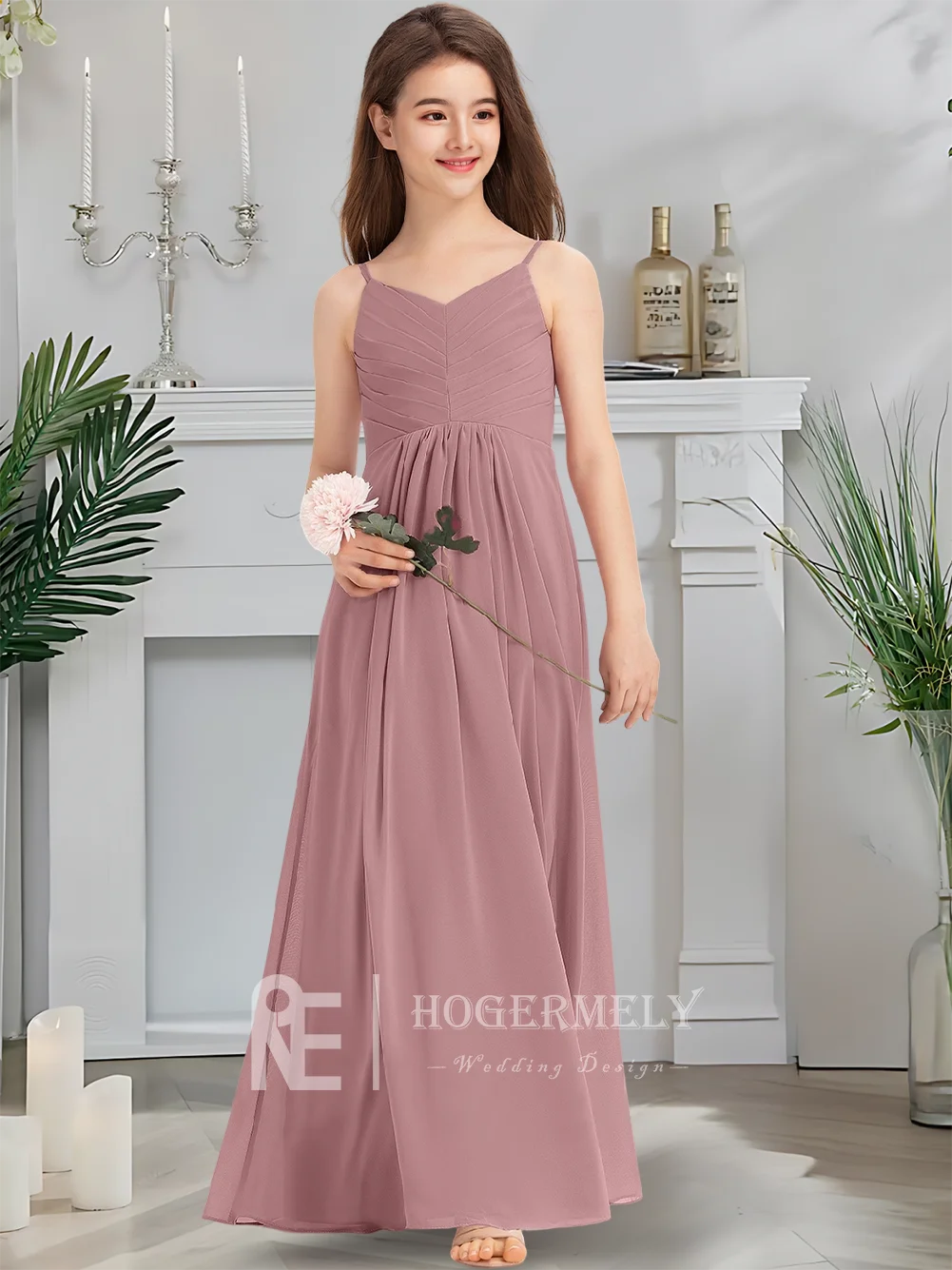 Elegante abito da damigella d'onore junior in chiffon con scollo a V a trapezio, abito da ragazza di fiori con fard, lunghezza al pavimento, abito da sposa da comunione, fascia in vita