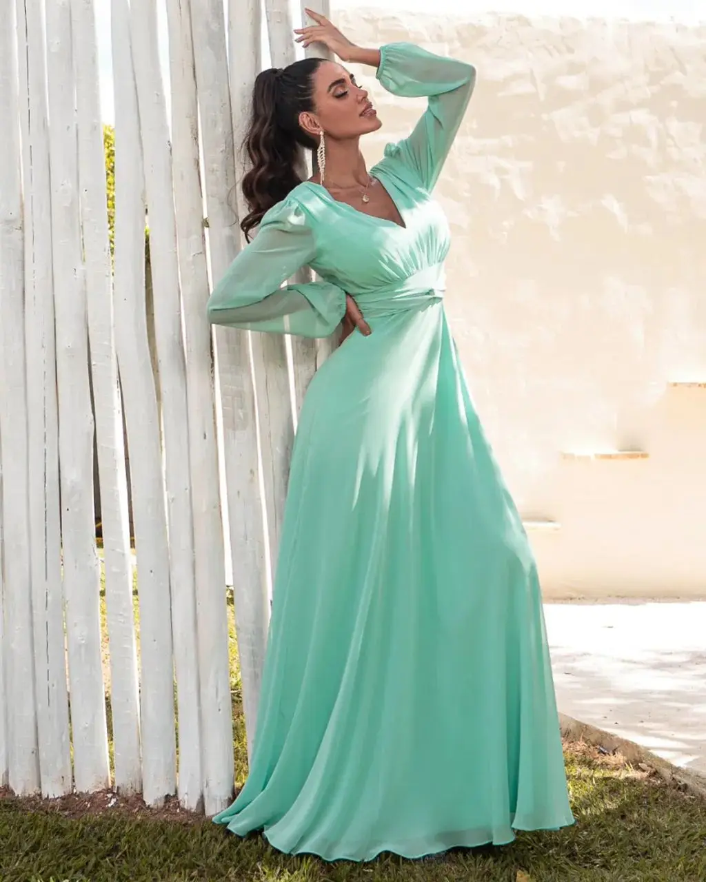 2024 Elegant V Neck Long Sleeves Prom Dress Long Chiffon Bridesmaid Dresses Formal Evening Gown Mother Robe Outdoor Party Dress