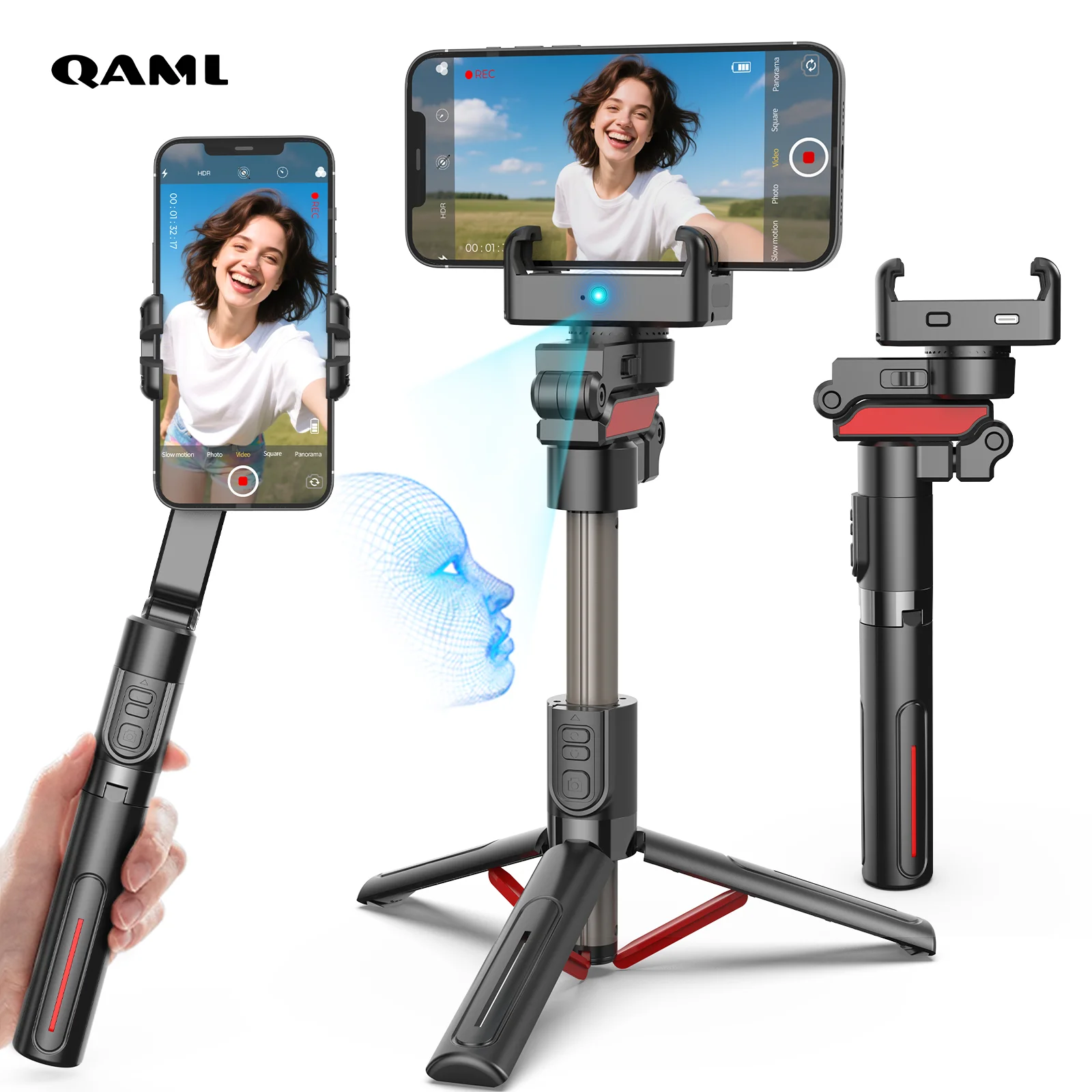 qaml-c10-セルフィースティック三脚＆ジンバル（360度回転機能付き）-°-顔追跡。-リモコン付き、ライブストリーミングやすべてのスマートフォンに最適です。